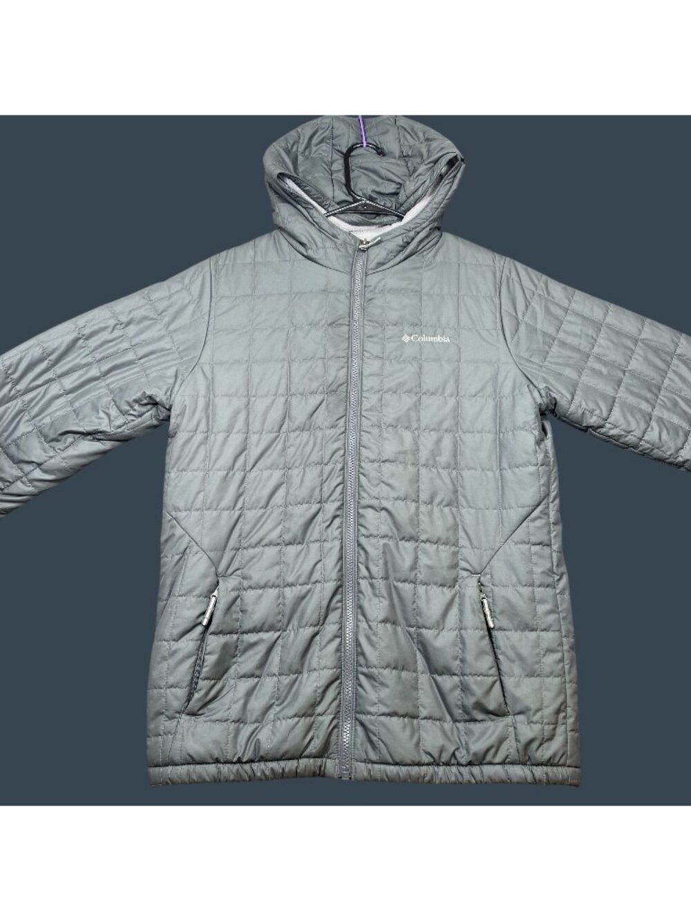 Columbia Womens Quilted Hooded Jacket SZ XL Gray Insulated Full-Zip Winter Coat